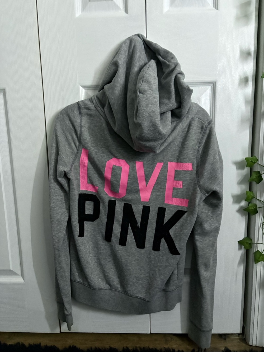 Victoria's Secret Grey Hoodie with Pink and Black 'LOVE PINK' Back Graphic